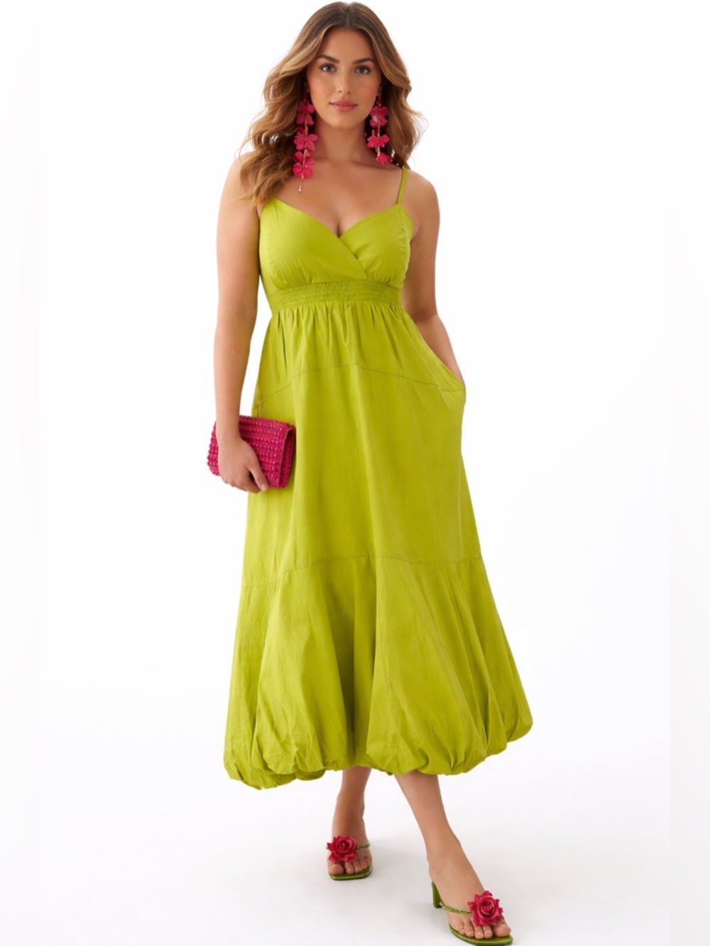 Anthropologie Lime Green Bubble Hem Midi Dress Smocked Tiered Cotton Large Nwt